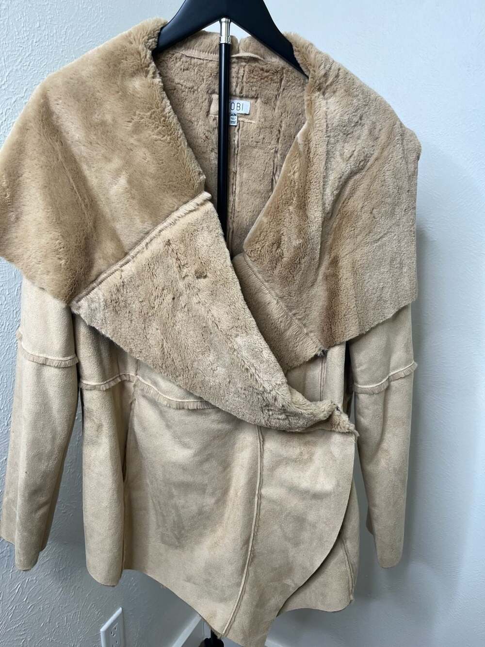 Tan Faux Suede Faux Fur Trim Drape Front Jacket Boho Cozy 70s Style